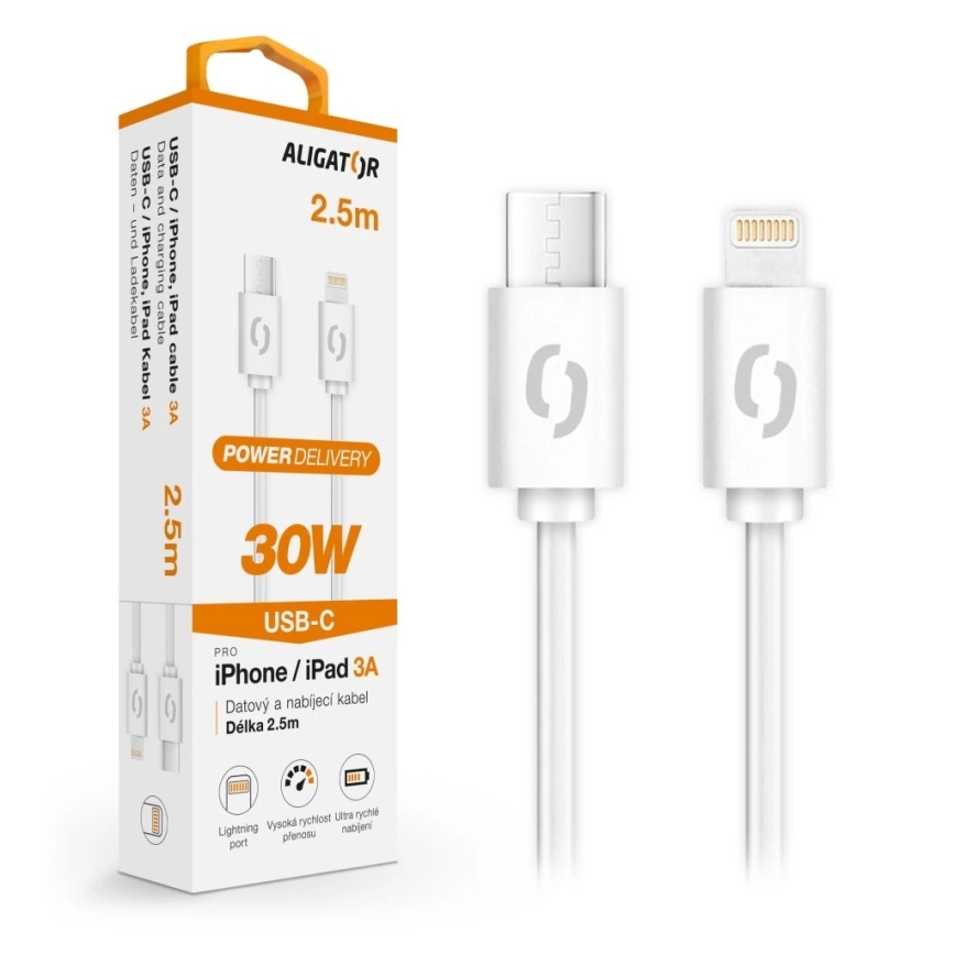 Aligator DATKP61 - USB-C to Lightning cable, 30W Power Delivery, 2.5 m, white