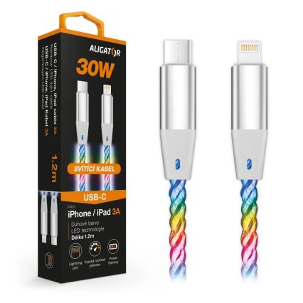 Aligator DATKP63 - USB-C to Lightning Cable with LED Lighting, 30W Power Delivery, 1.2 m