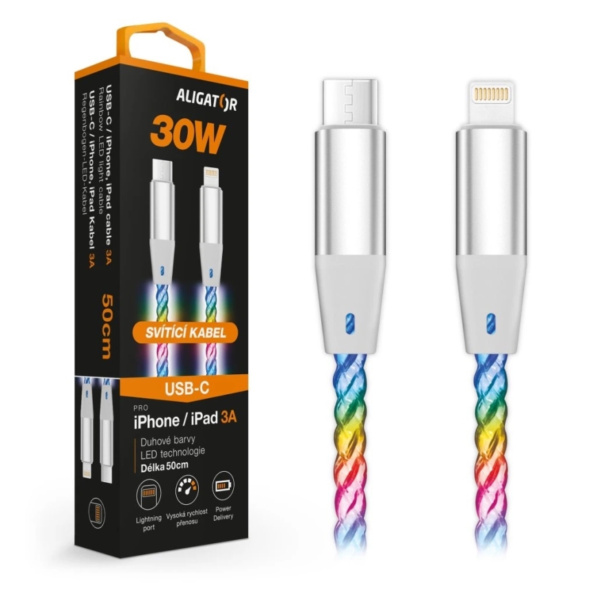 Aligator DATKP65 - USB-C to Lightning cable with LED illumination, 30W Power Delivery, 0.5 m