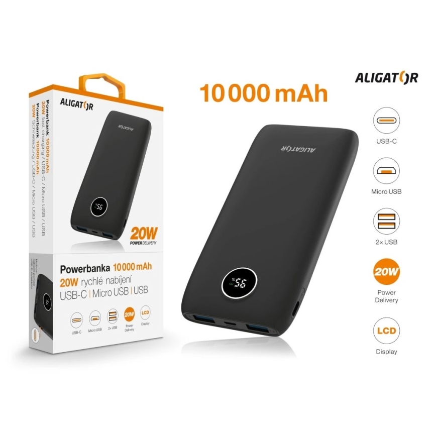 Aligator PBPD10BK - 10,000 mAh Power Bank with LCD display, Power Delivery 20W / 3.7V, Black