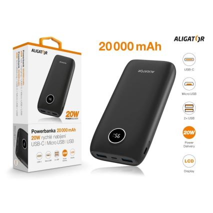Aligator PBPD20BK - 20,000 mAh Power Bank with LCD Display, 20W Power Delivery, 3.7V, Black