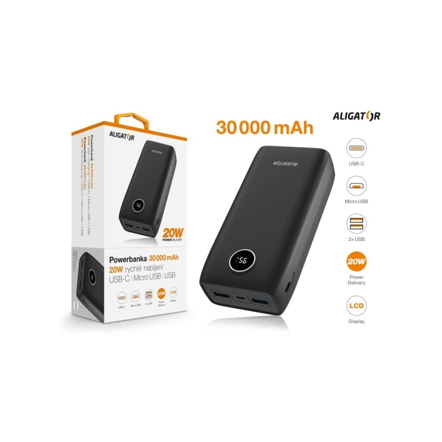 Aligator PBPD30BK - Power Bank with LCD Display, Power Delivery, 30,000 mAh / 20 W / 3.7 V, Black