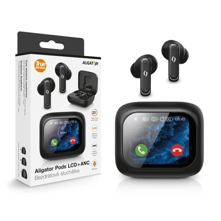 Aligator TWS07 - Wireless Pods Earbuds with LCD & ANC, 400 mAh Charging Case + 2×40 mAh Earbuds, Black