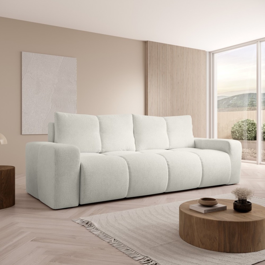ALMADA Beige Upholstered 3-Seater Sofa Bed with Storage