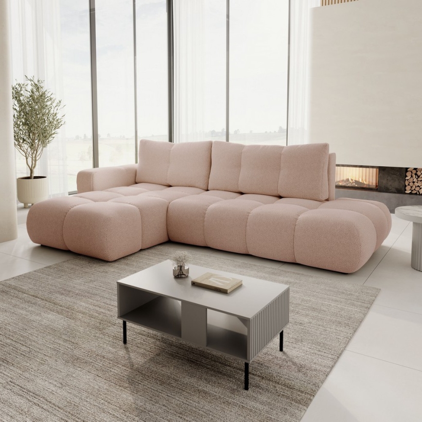 ALMADA L-shaped upholstered corner sofa bed with storage, left-hand, pink