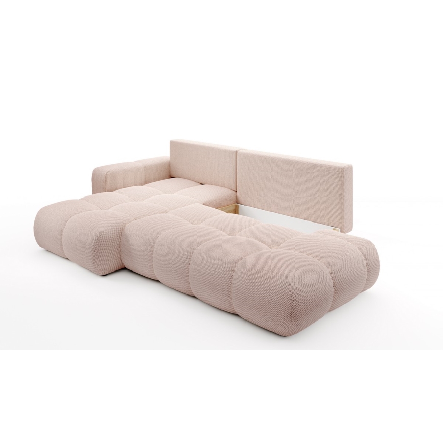 ALMADA L-shaped upholstered corner sofa bed with storage, left-hand, pink
