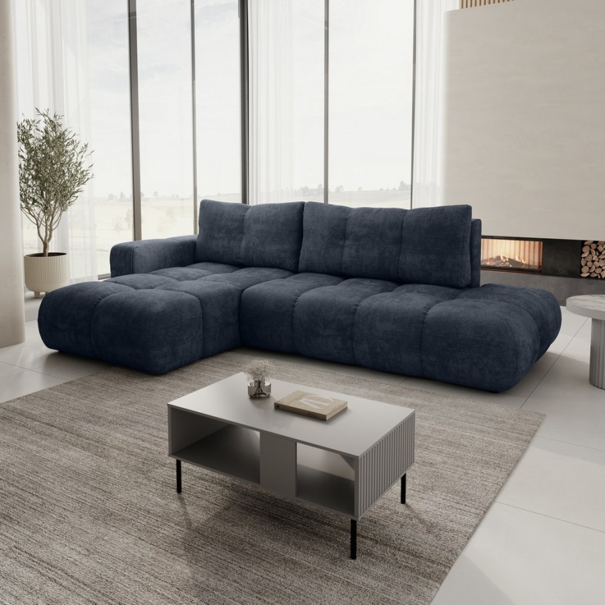 ALMADA left-facing L-shaped upholstered corner sofa with pull-out bed and storage, blue