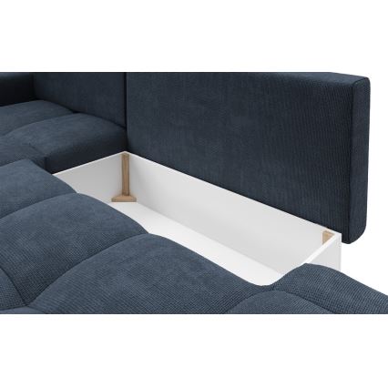 ALMADA left-facing L-shaped upholstered corner sofa with pull-out bed and storage, blue