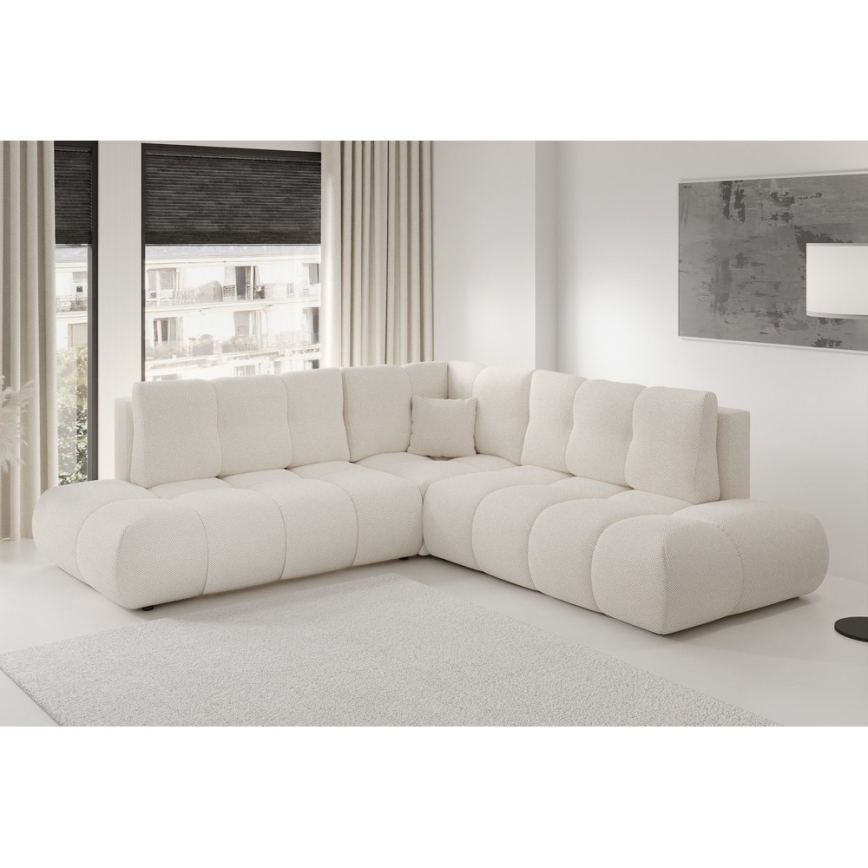 ALMADA right-hand L-shaped upholstered corner sofa bed with storage, beige