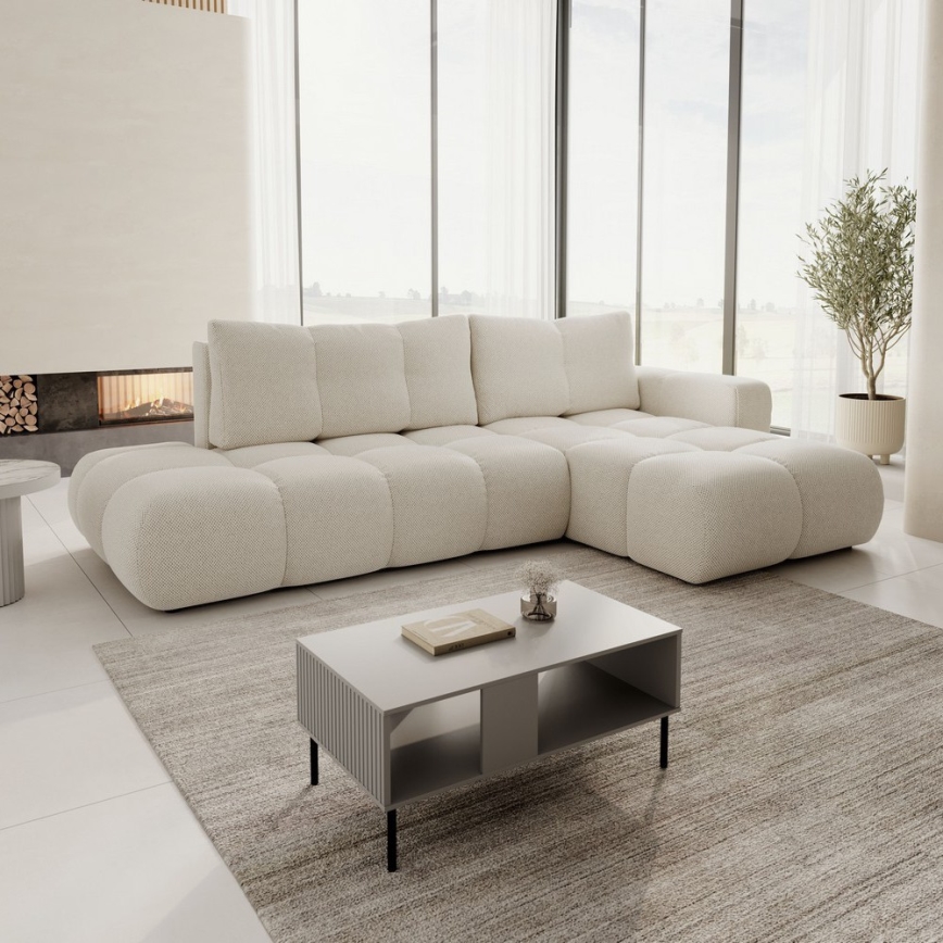 ALMADA Right-Hand L-Shaped Upholstered Corner Sofa Bed with Storage, Light Beige