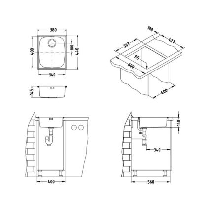 ALVEUS 1082195 - BASIC Kitchen Sink 44 x 38 cm, satin stainless steel finish, large waste outlet