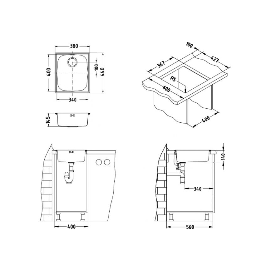 ALVEUS 1082195 - BASIC Kitchen Sink 44 x 38 cm, satin stainless steel finish, large waste outlet