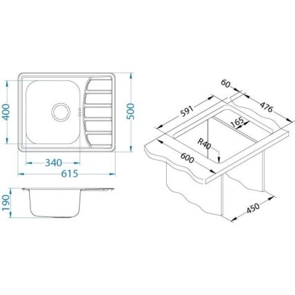 ALVEUS 1100215 - Kitchen sink ZOOM 61,5x50 cm satin, for top mounting