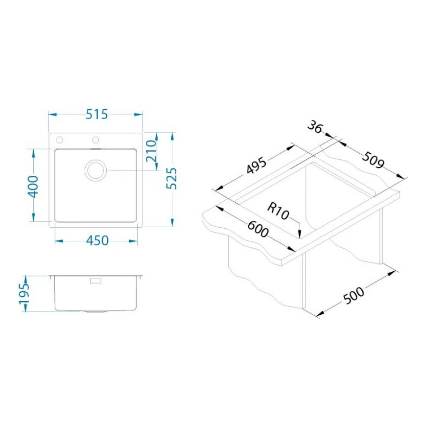 ALVEUS 1103609 - Kitchen sink PURE 52,5x51,5 cm satin