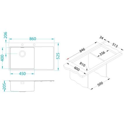 ALVEUS 1103652 - Kitchen sink PURE 86x52,5 cm satin, left