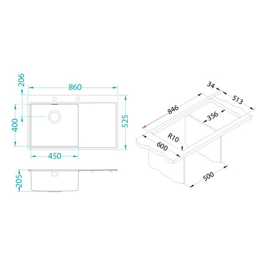 ALVEUS 1103653 - Kitchen sink PURE 86x52,5 cm satin, right