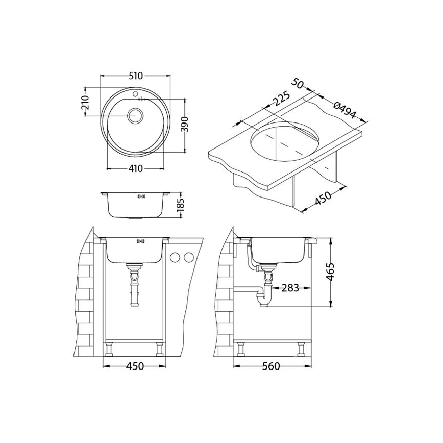 ALVEUS 1116756 - FORM kitchen sink Ø 51 cm stainless steel, satin finish, depth 18.5 cm