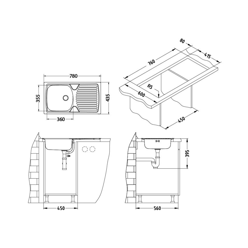 ALVEUS 1136534 - BASIC Kitchen sink 78 x 43.5 cm, stainless steel satin finish, small waste outlet