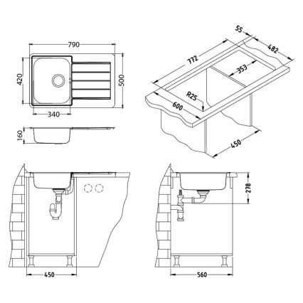 ALVEUS 1136608 - Kitchen sink LINE 79x50 cm stainless steel/satin, without eccentric