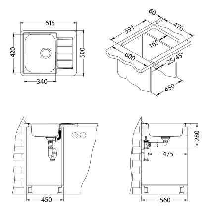 ALVEUS 1144603 - LINE kitchen sink 61.5 x 50 cm stainless steel/satin, without pop-up waste
