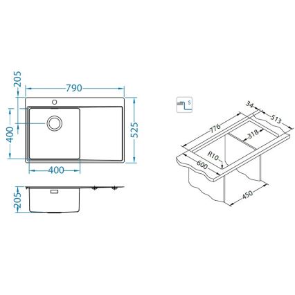 ALVEUS 1149516 - PURE kitchen sink 79 x 52.5 cm, satin finish, right-hand + siphon with quick-release waste