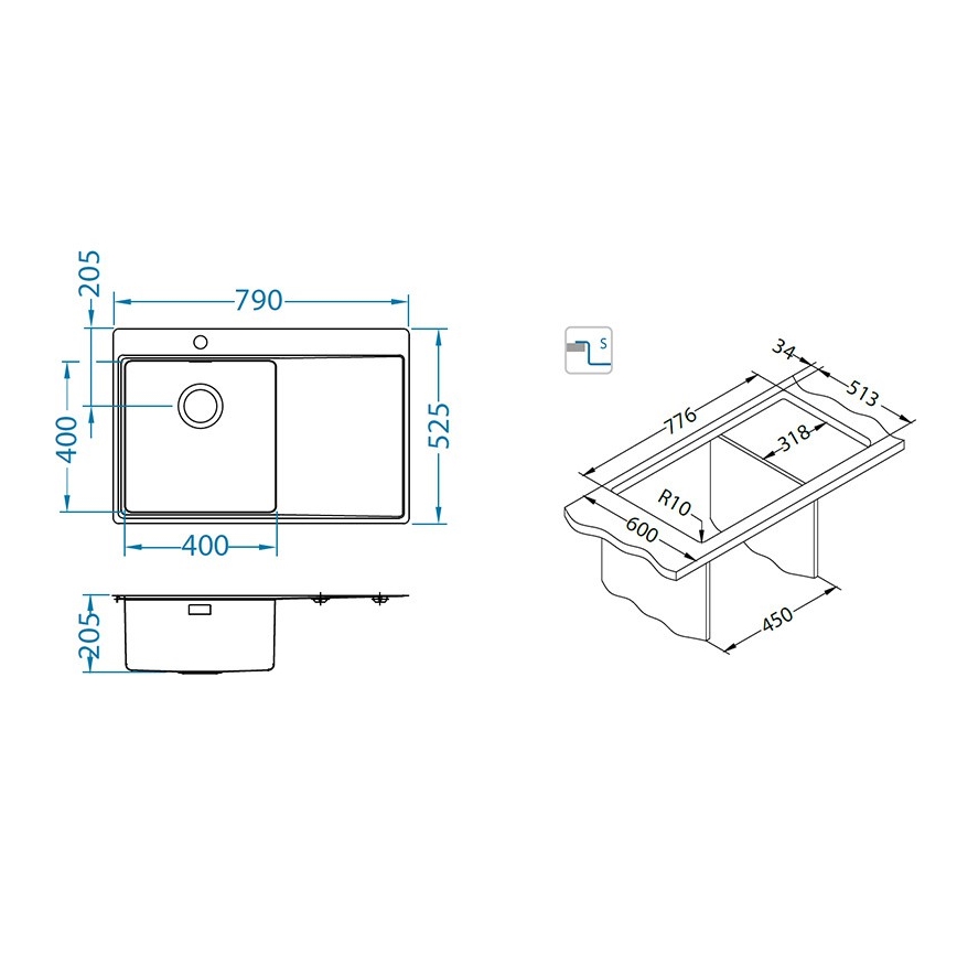 ALVEUS 1149516 - PURE kitchen sink 79 x 52.5 cm, satin finish, right-hand + siphon with quick-release waste