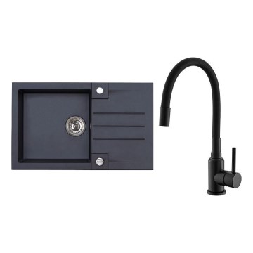 ALVEUS SETA23201 - Kitchen sink ROCK 78x48 cm + faucet with flexible arm MINTAS 34 cm granite/matte black