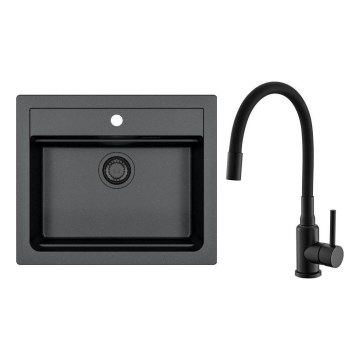 ALVEUS SETA23228 - Kitchen sink ATROX 59x50 cm + kitchen tap with flexible arm MINTAS 34 cm granite/matt black