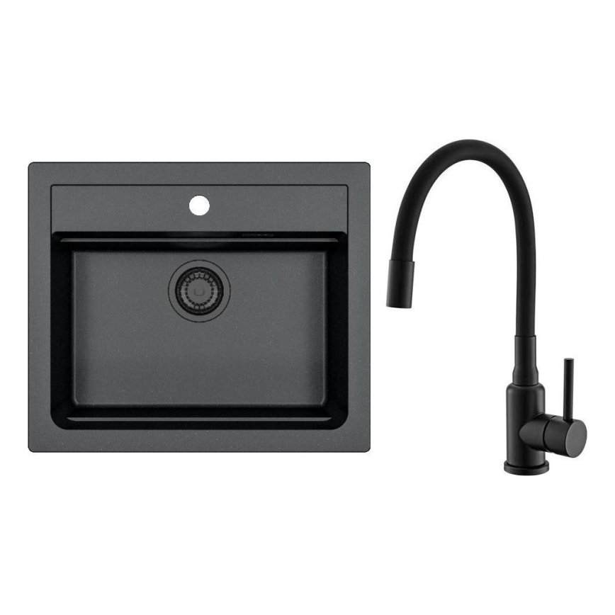 ALVEUS SETA23228 - Kitchen sink ATROX 59x50 cm + kitchen tap with flexible arm MINTAS 34 cm granite/matt black