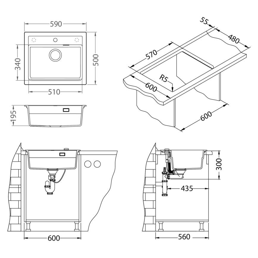 ALVEUS SETA23228 - ATROX kitchen sink 59x50 cm + MINTAS 34 cm sink faucet with flexible spout, granite composite/matte black