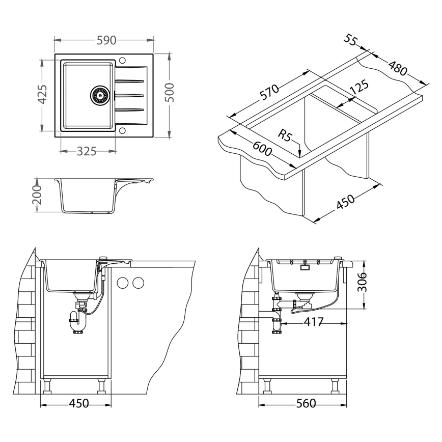 ALVEUS SETA23230 - CADIT kitchen sink 59x50 cm + MINTAS sink mixer with 34 cm flexible spout granite/matte black