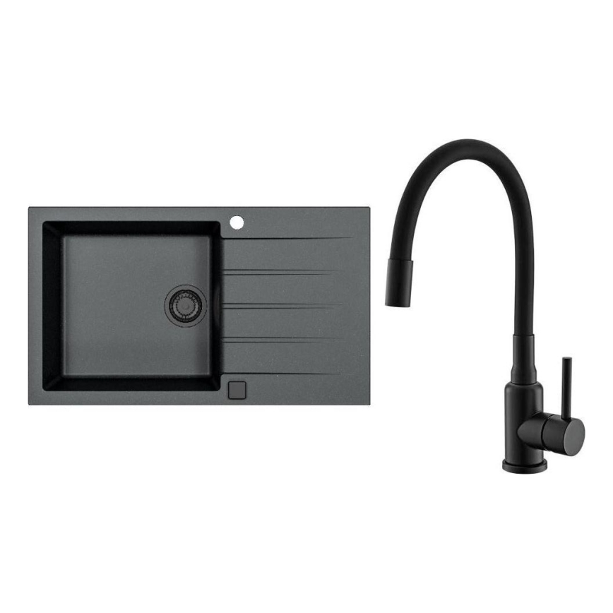 ALVEUS SETA23232 - CADIT 86 x 50 cm kitchen sink + MINTAS 34 cm sink faucet with flexible spout, granite/matte black