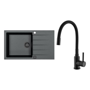 ALVEUS SETA23232 - CADIT Kitchen Sink 86x50 cm + MINTAS 34 cm Granite/Matte Black Faucet with Flexible Neck