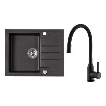 ALVEUS SETA23236 - Kitchen Sink ROCK 59.5x47.5 cm + MINTAS 34 cm Faucet with Flexible Spout in Granite/Matt Black