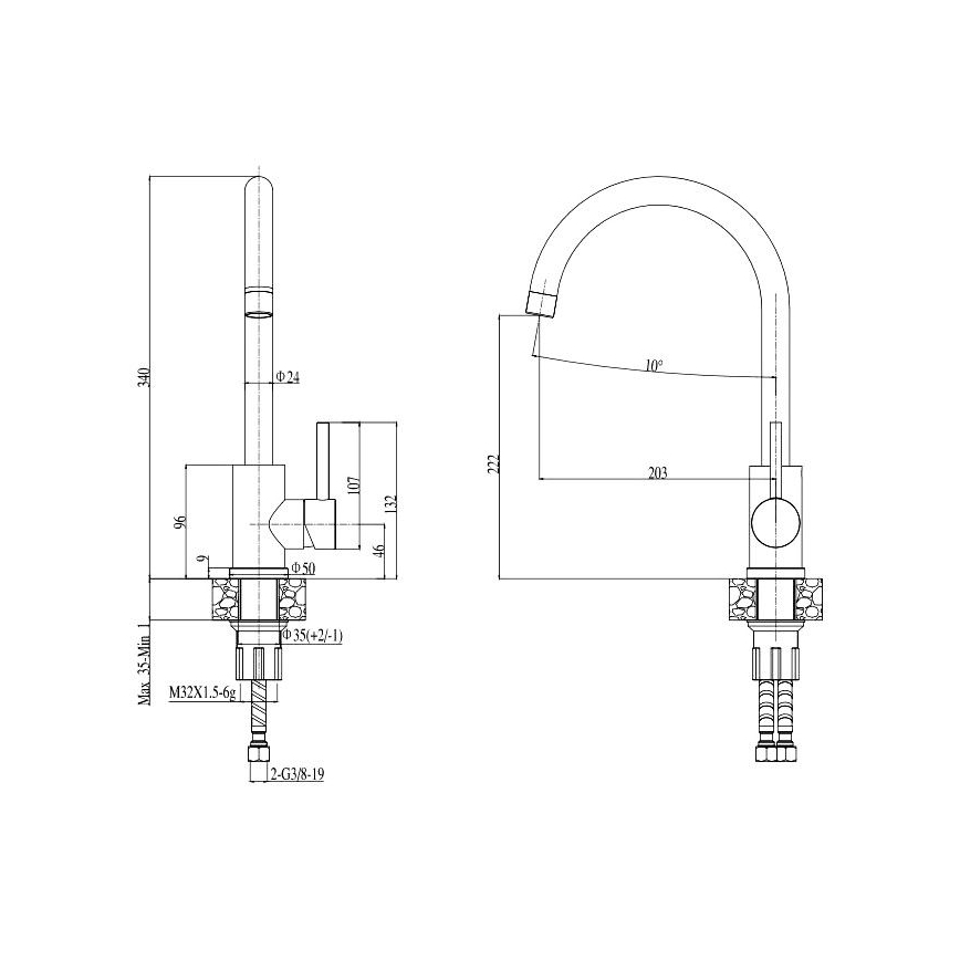 ALVEUS SETA737 - Kitchen sink CORTINA 50x45 cm + sink mixer with flexible spout TONIA 29,5 cm granite/matte black