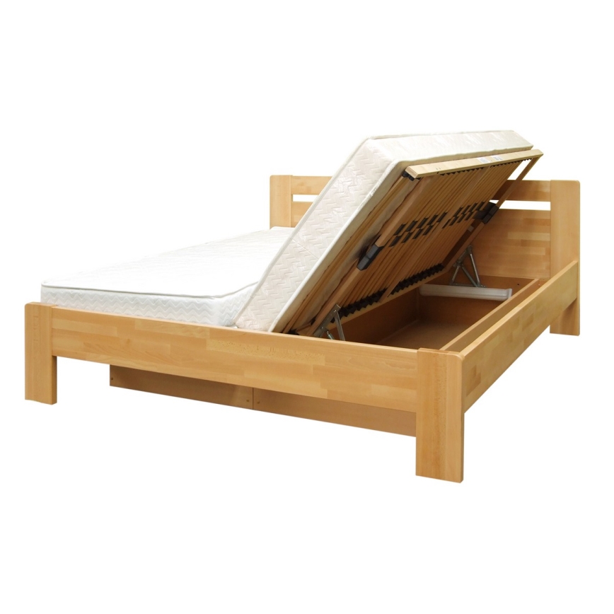AMARA solid beech double bed with slatted base and storage, 180x200 cm