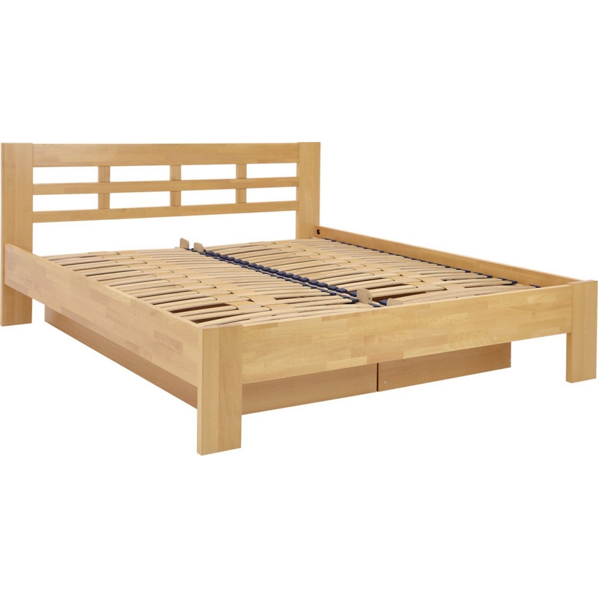 ANGELA Solid Wood Double Bed with Storage, 180x200 cm, Beech