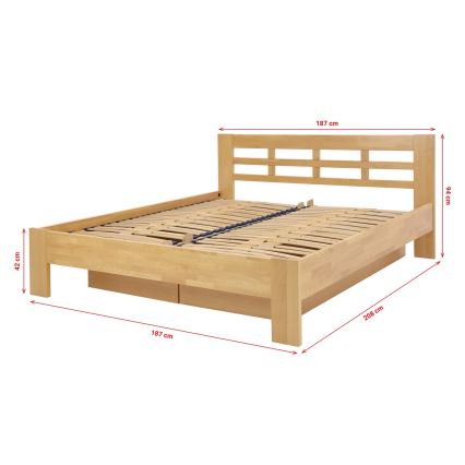 ANGELA Solid Wood Double Bed with Storage, 180x200 cm, Beech