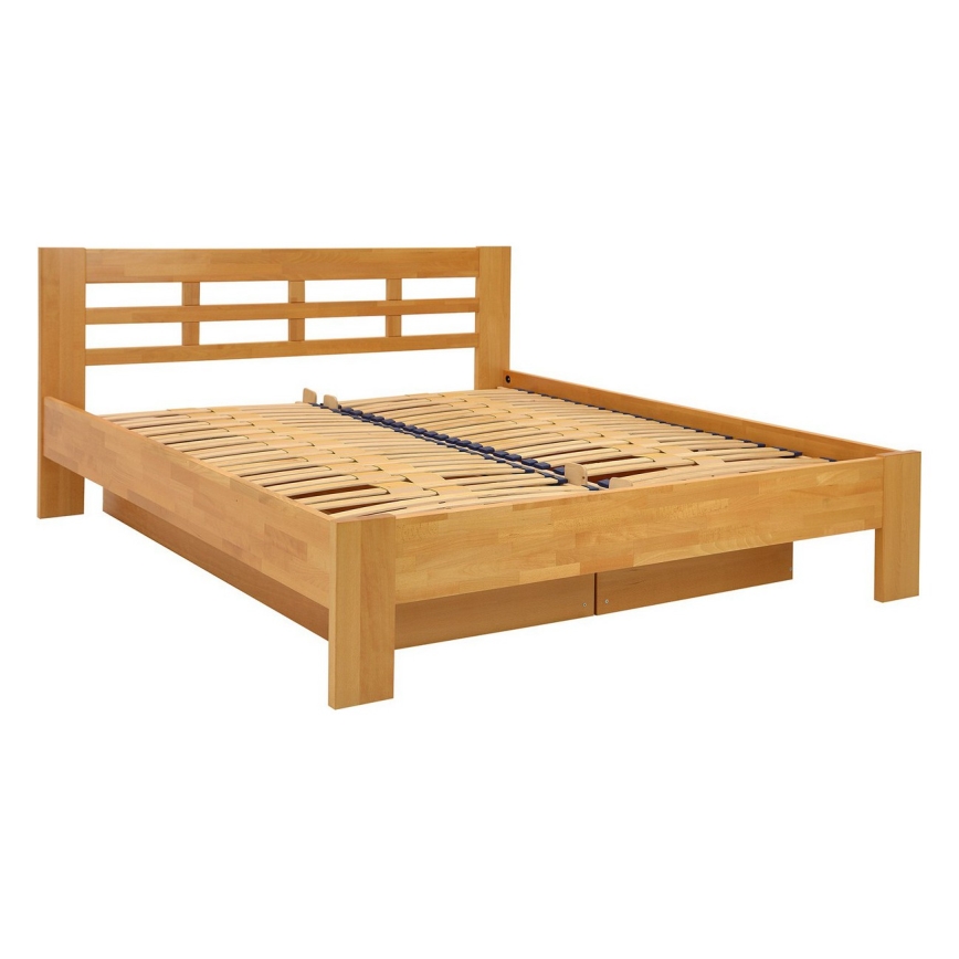 ANGELA Solid Wood Double Bed with Storage, 180x200 cm, Light Walnut