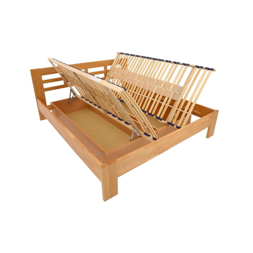 ANGELA Solid Wood Double Bed with Storage, 180x200 cm, Light Walnut