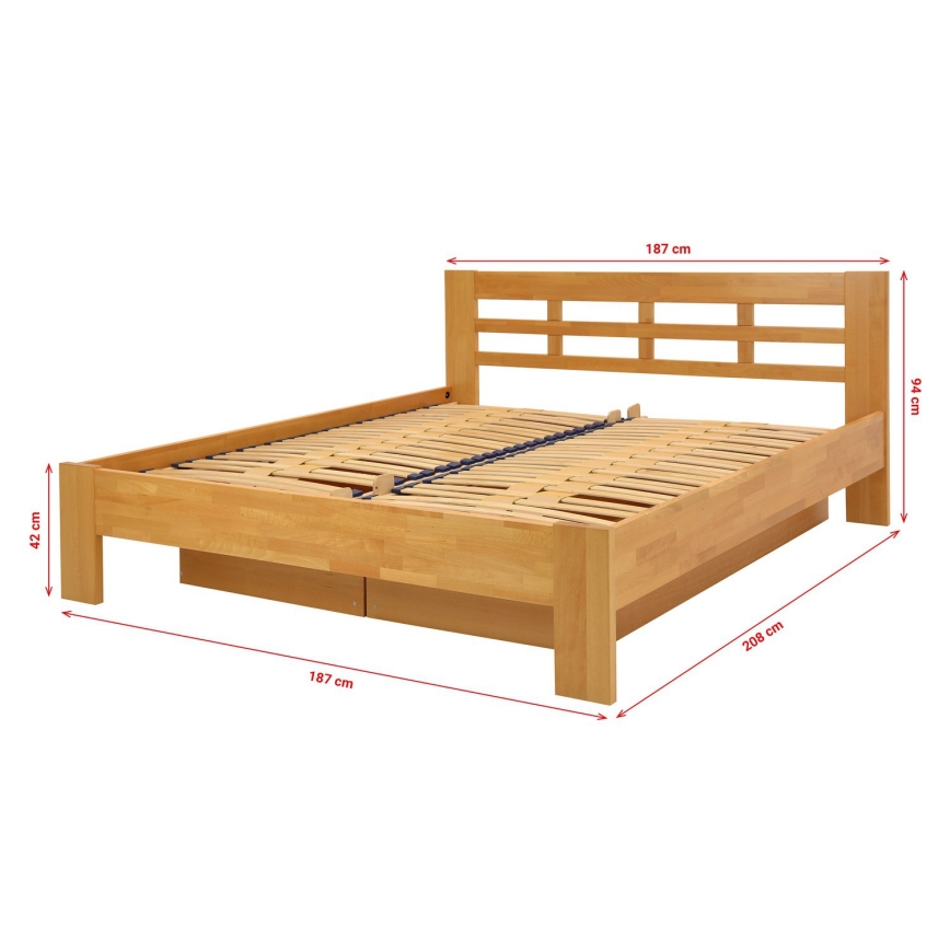 ANGELA Solid Wood Double Bed with Storage, 180x200 cm, Light Walnut