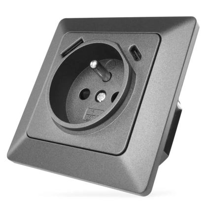 Anthracite French wall outlet with integrated USB-A and USB-C, 250V/16A