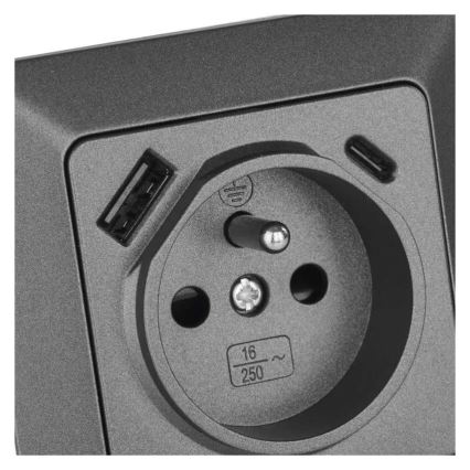 Anthracite French wall outlet with integrated USB-A and USB-C, 250V/16A