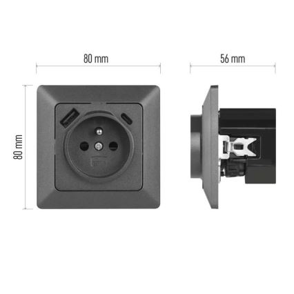 Anthracite French wall outlet with integrated USB-A and USB-C, 250V/16A