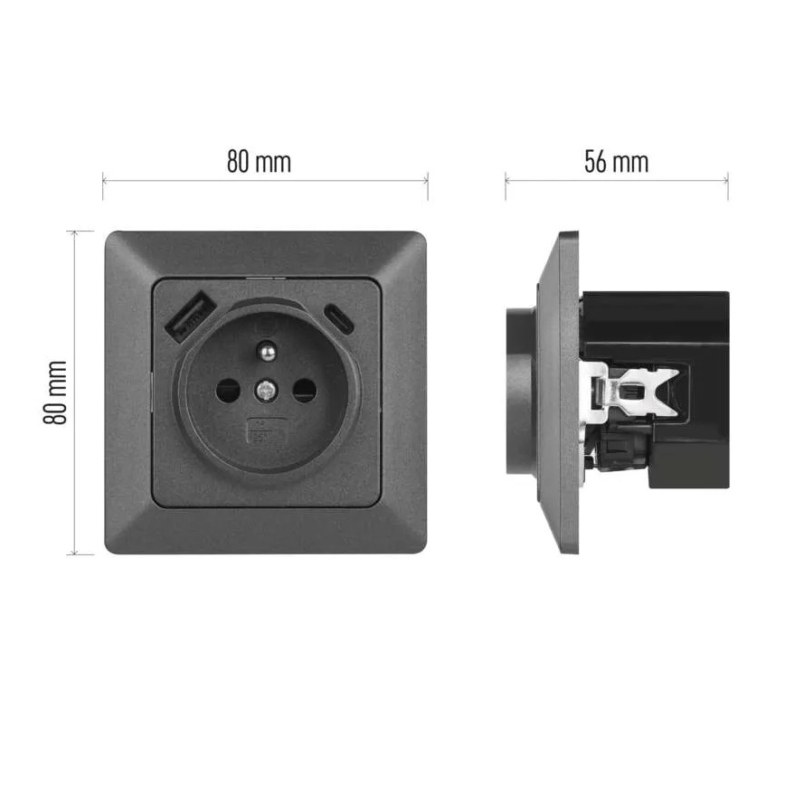 Anthracite French wall outlet with integrated USB-A and USB-C, 250V/16A