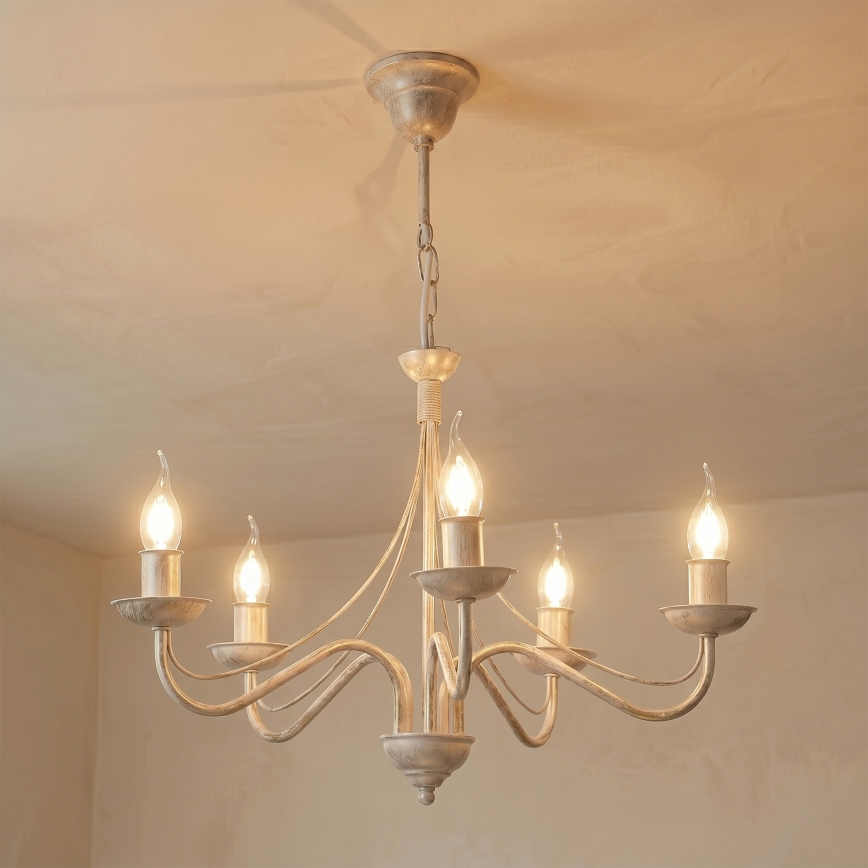 ANTON Chain-Hung Chandelier, 5xE14/60W/230V, White Patina