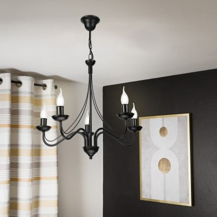 ANTON Chain-Mounted Chandelier, 5× E14 Sockets (15W each), 230V, Black