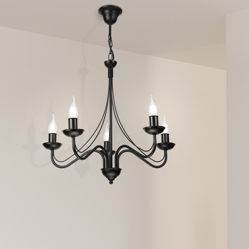 ANTON Chain-Mounted Chandelier, 5× E14 Sockets (15W each), 230V, Black