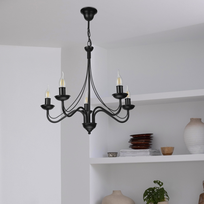 ANTON Chain-Mounted Chandelier, 5× E14 Sockets (15W each), 230V, Black
