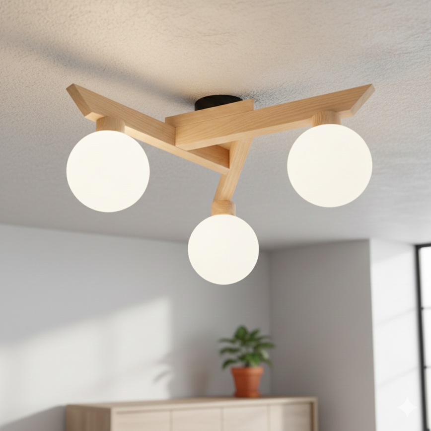 ANTONIO flush‑mount ceiling light, 3× G9 (5 W), 230 V — oak/white
